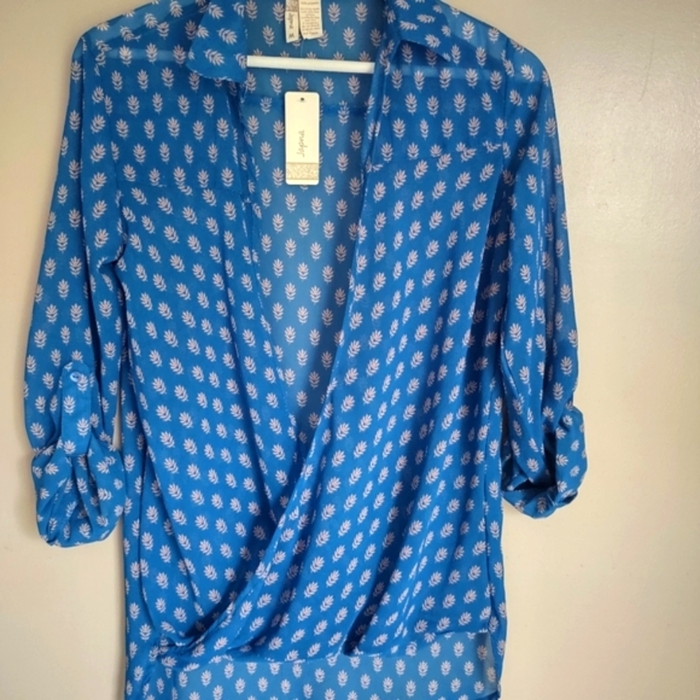 Japna teal sheer cross front blouse M